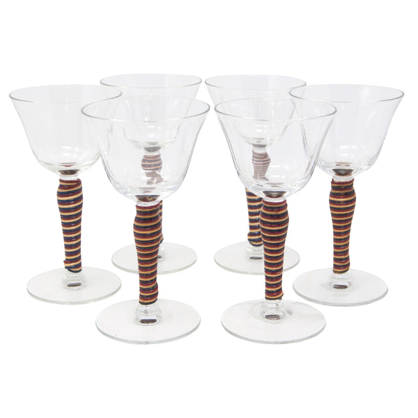 6 Vintage Etched Wine ~ Cocktail Glasses with Red stem, Vintage