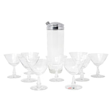 Vintage Fostoria Etched Dandelion Seed Cocktail Shaker Set Front | The Hour Shop