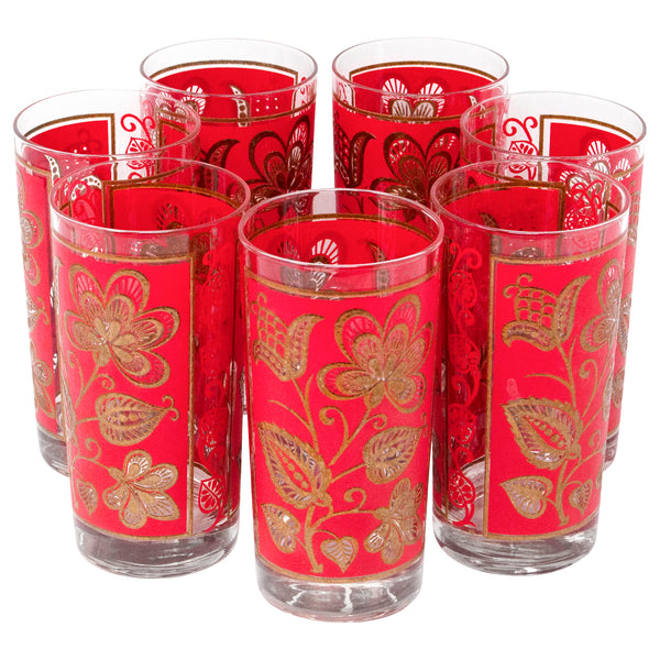 Libbey Glass Set of Eight Water Glasses With Red Roses & Gold 