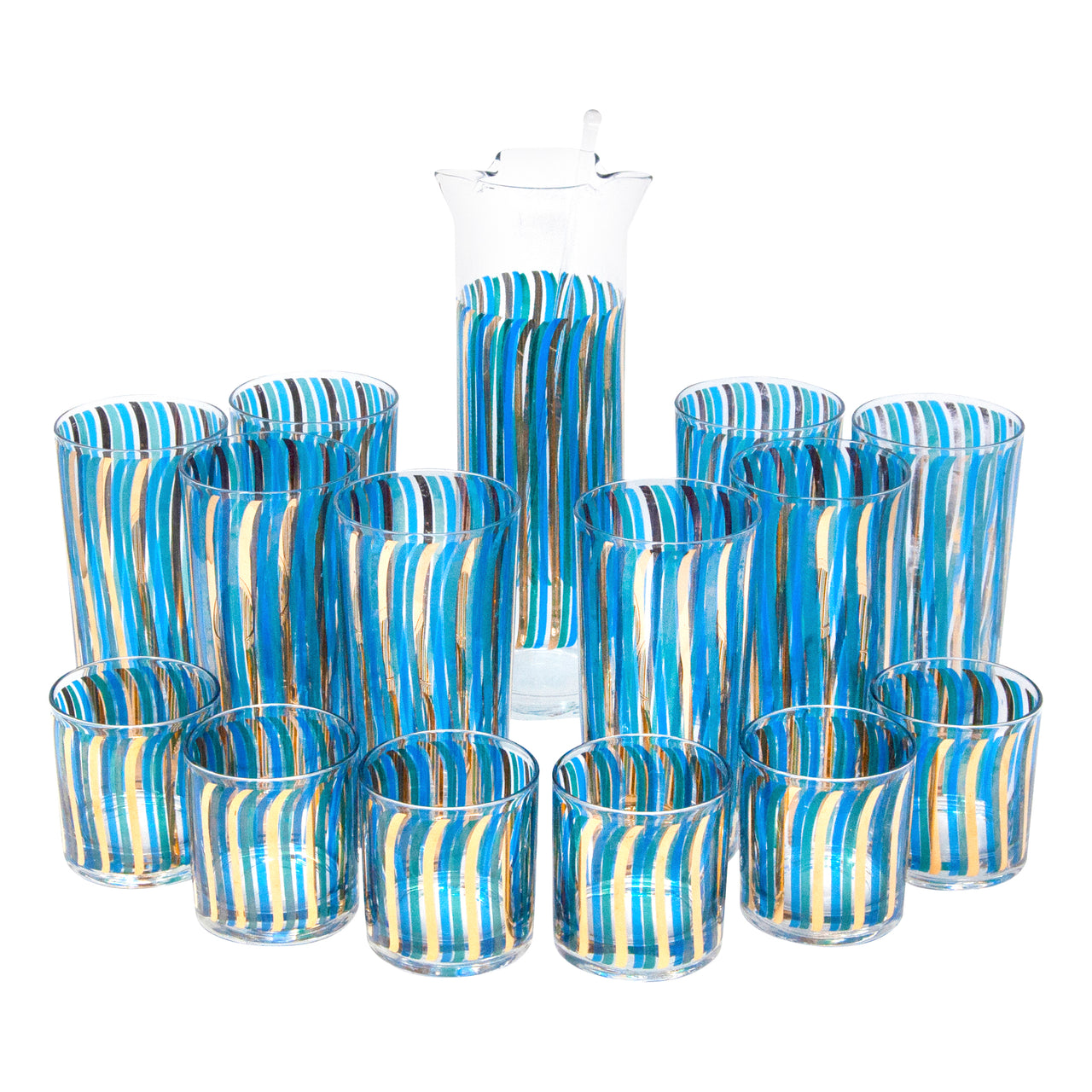 Vintage Blue & Gold Wavy Stripes Cocktail Pitcher Set | The Hour Shop