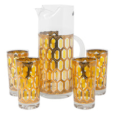Vintage Mid Century West Virginia Glass Yellow & Gold Cocktail Pitcher Set | The Hour