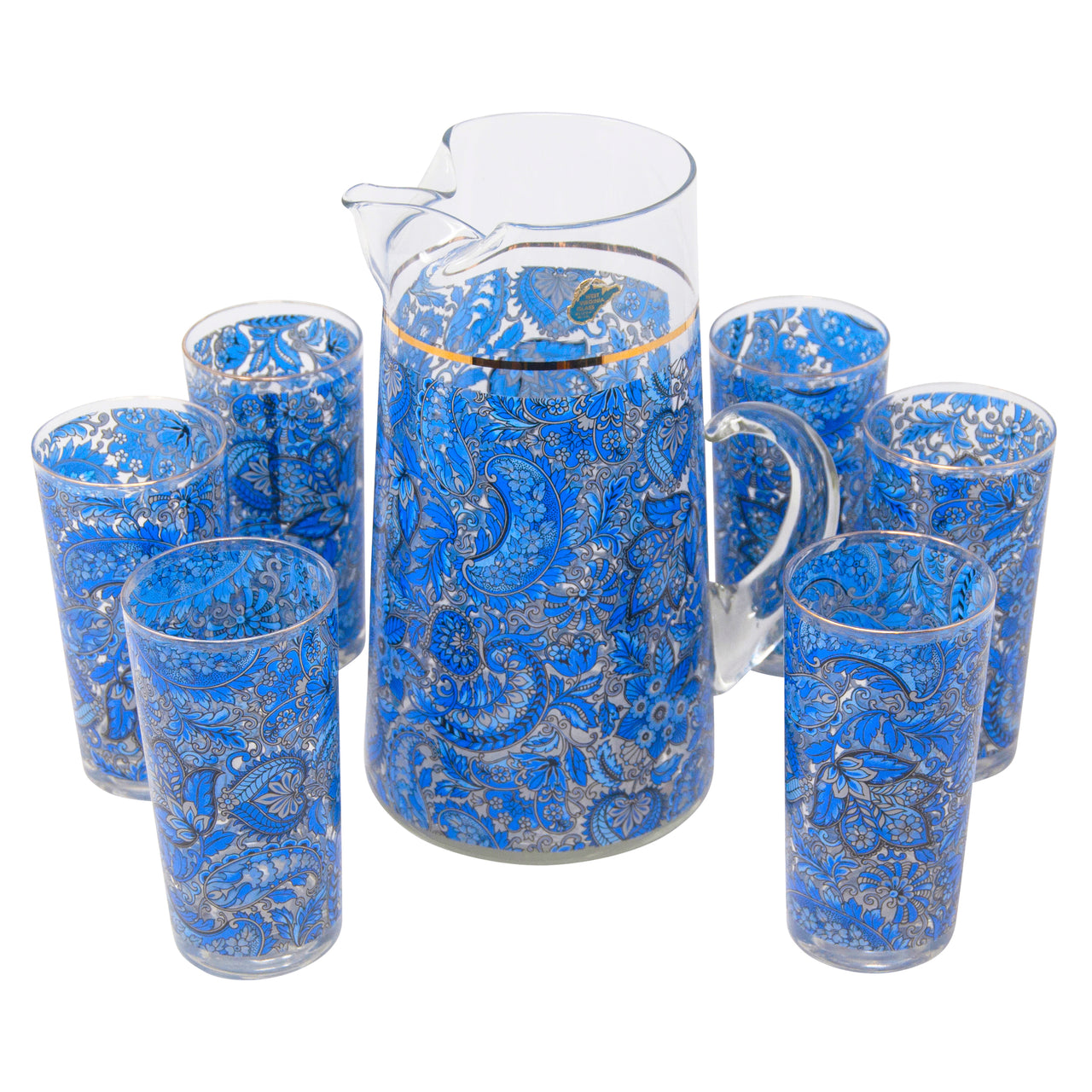 Vintage West Virginia Glass Blue Paisley Cocktail Pitcher Set | The Hour