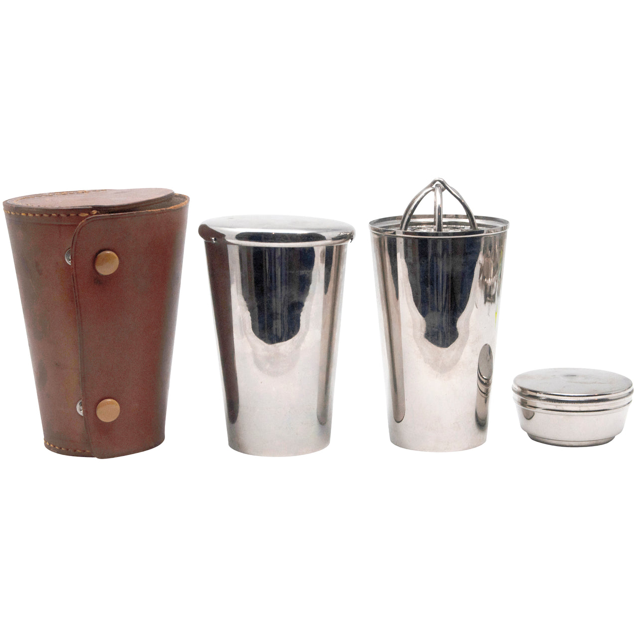 Vintage German Leather Case Nested Cocktail Shaker Set Front | The Hour Shop