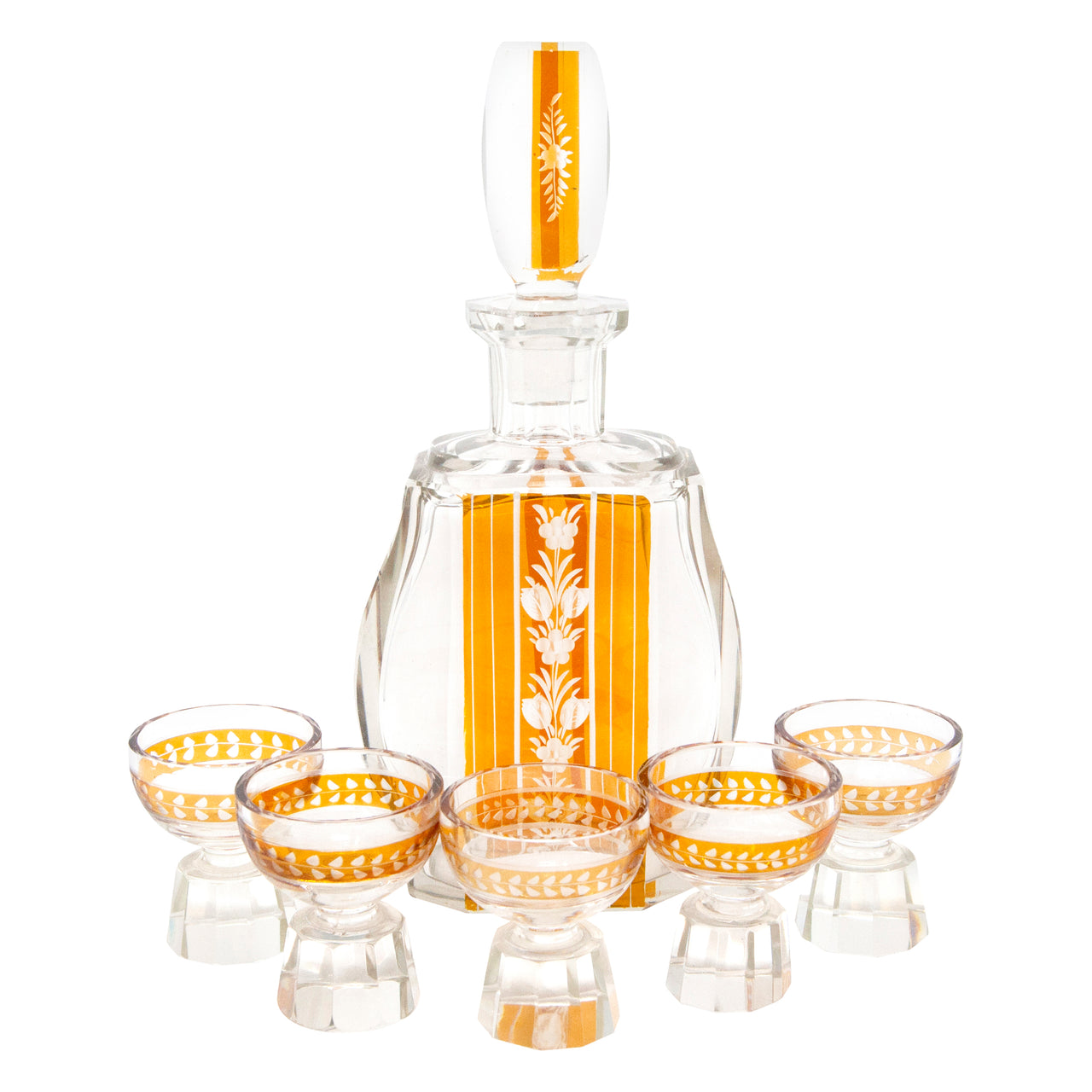 Vintage Amber Band Etched Flowers Decanter Set | The Hour Shop