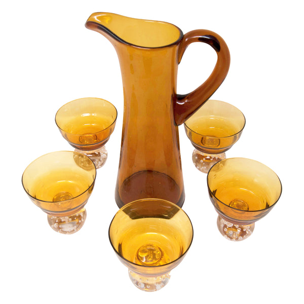 Bubble Glass Pitcher Set, Mid Century Pressed Glass Pitcher with 4