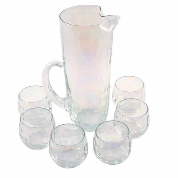 Vintage Draping Rainbow Iridescent Cocktail Pitcher Set with 6 Roly Polys,  1960's, Whiskey Lowball Glass, Home Bartender