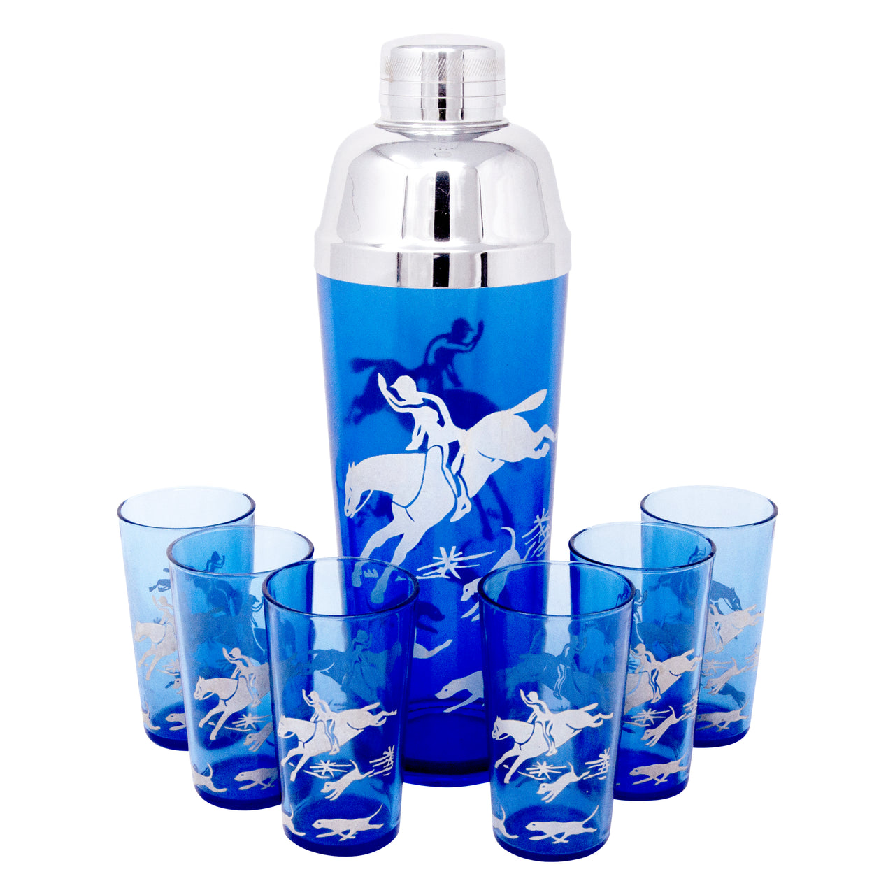 Vintage Hazel Atlas Cobalt Fox Hunt Scene Cocktail Shaker Set | The Hour Shop