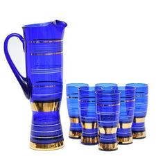 Vintage Bohemian Bold Band Cobalt Glass Pitcher Set, The Hour