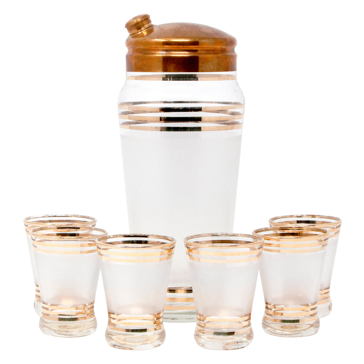 Vintage Gold Band Frosted Cocktail Shaker Set Front | The Hour Shop