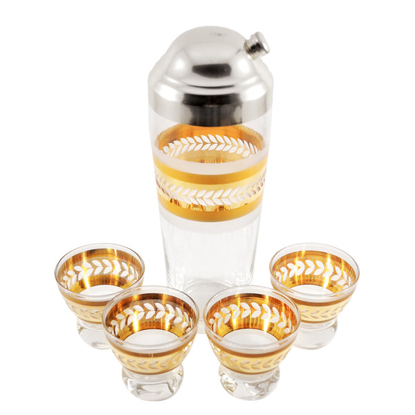 Seven Piece Vintage Gold Band Martini Set, Cocktail Shaker and 6