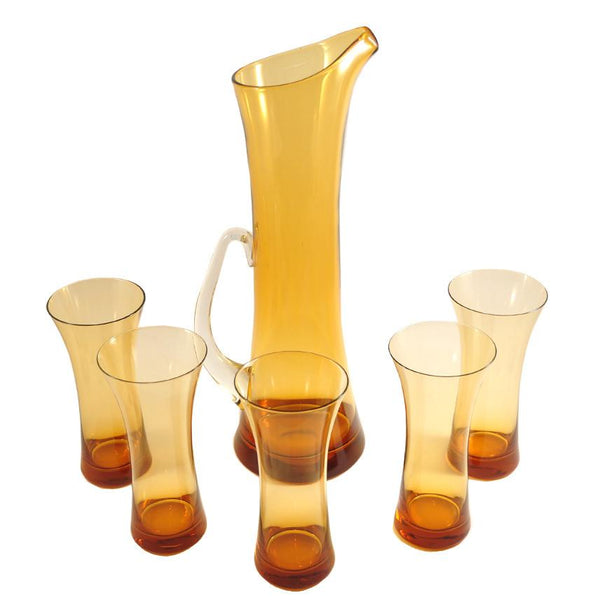 Vintage Cocktail Pitcher with glasses, 1950's Amber Glass- Polished Pontil,  Mid Century Amber Blown Glass Batch Cocktail Pitcher