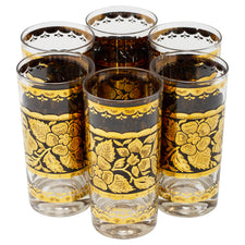 Vintage Georges Briard Gold & Black Floral Collins Glasses | The Hour Shop