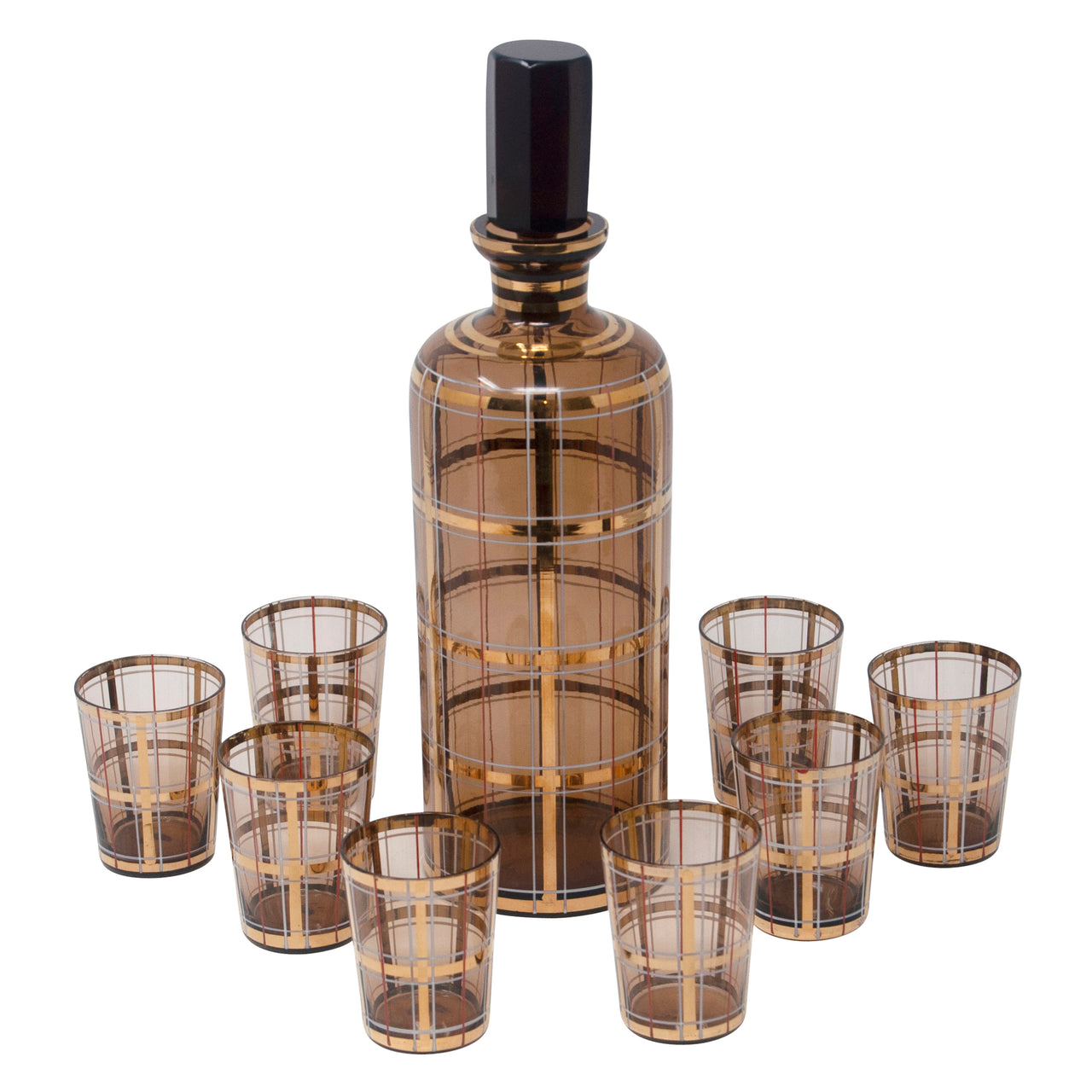 Vintage Smoke Brown Gold Plaid Decanter Set | The Hour Shop