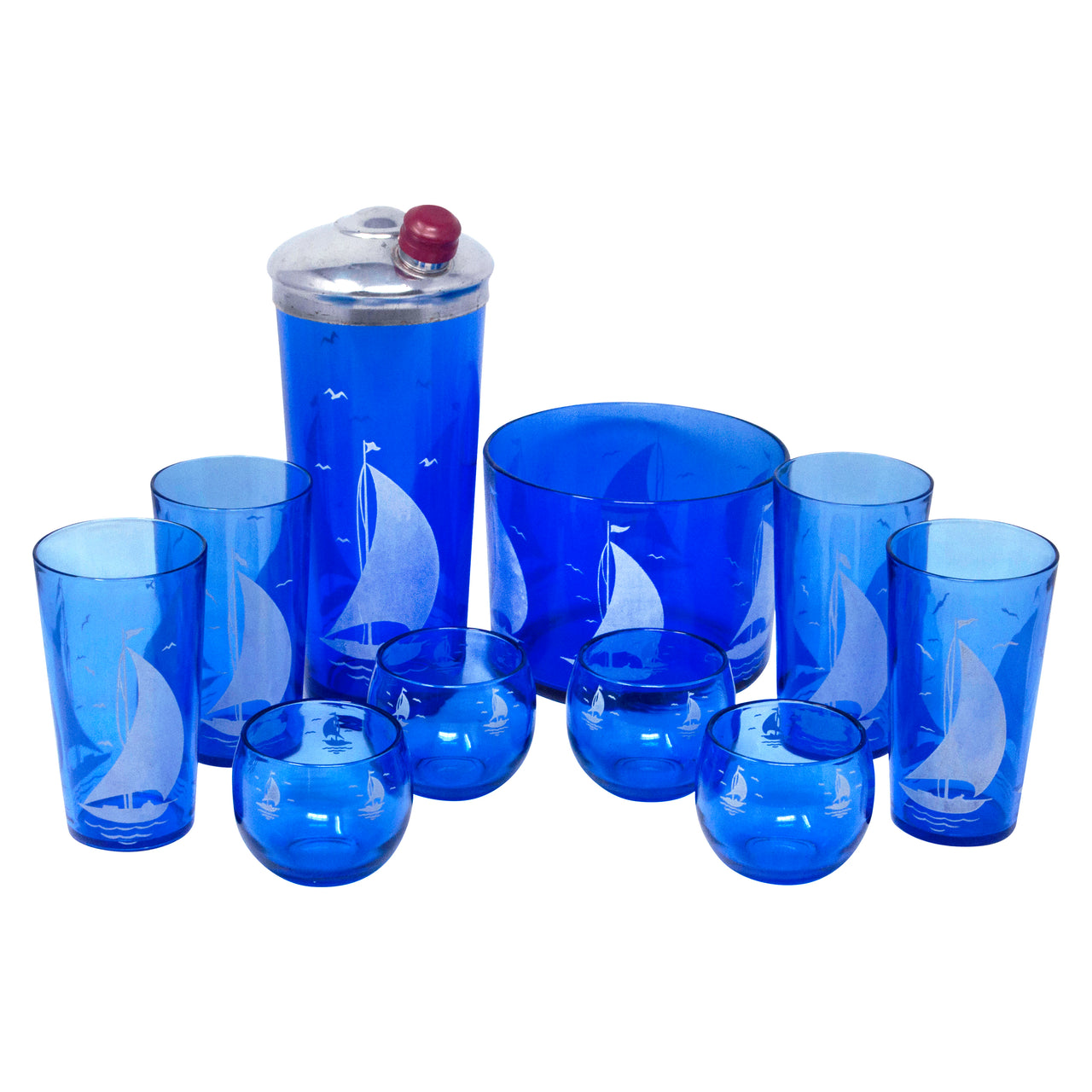 Vintage Hazel Atlas Cobalt Sailboat Cocktail Shaker Set | The Hour Shop