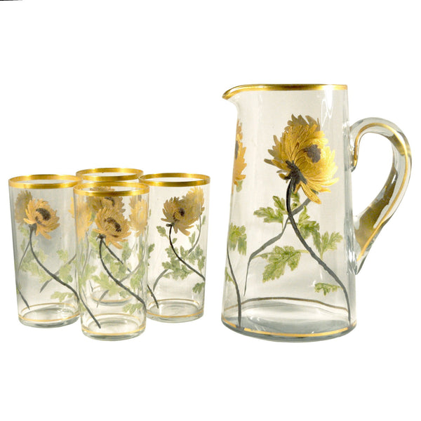 1897 Hand-Painted Glass Pitcher & Glasses Serving Set - Set of 7