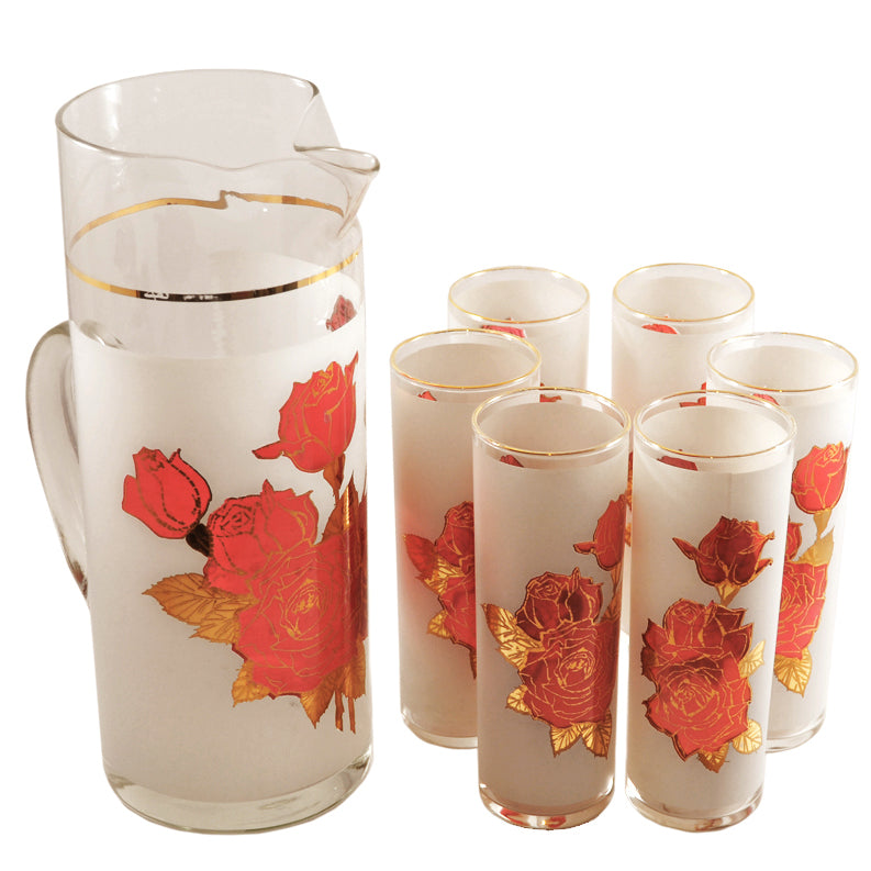 Vintage West Virginia Glass Red and Gold Roses Cocktail Pitcher Set | The Hour Shop
