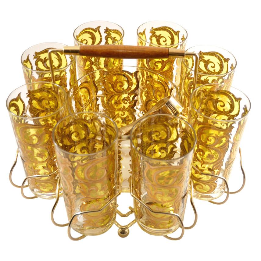 Yellow & Gold Scroll Ice Bucket Glass Caddy Set | The Hour Vintage