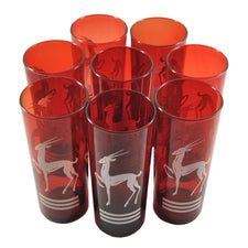 Vintage Art Deco Red Glass White Gazelle Collins Glasses