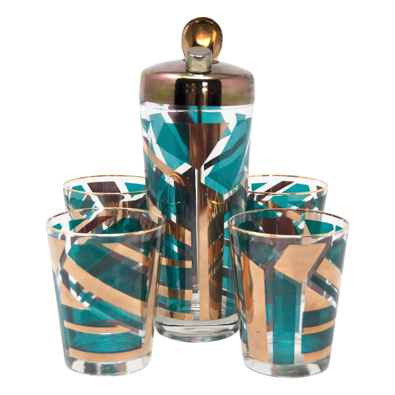 Vintage Teal & Gold Geometric Pattern Cocktail Shaker Set | The Hour Shop