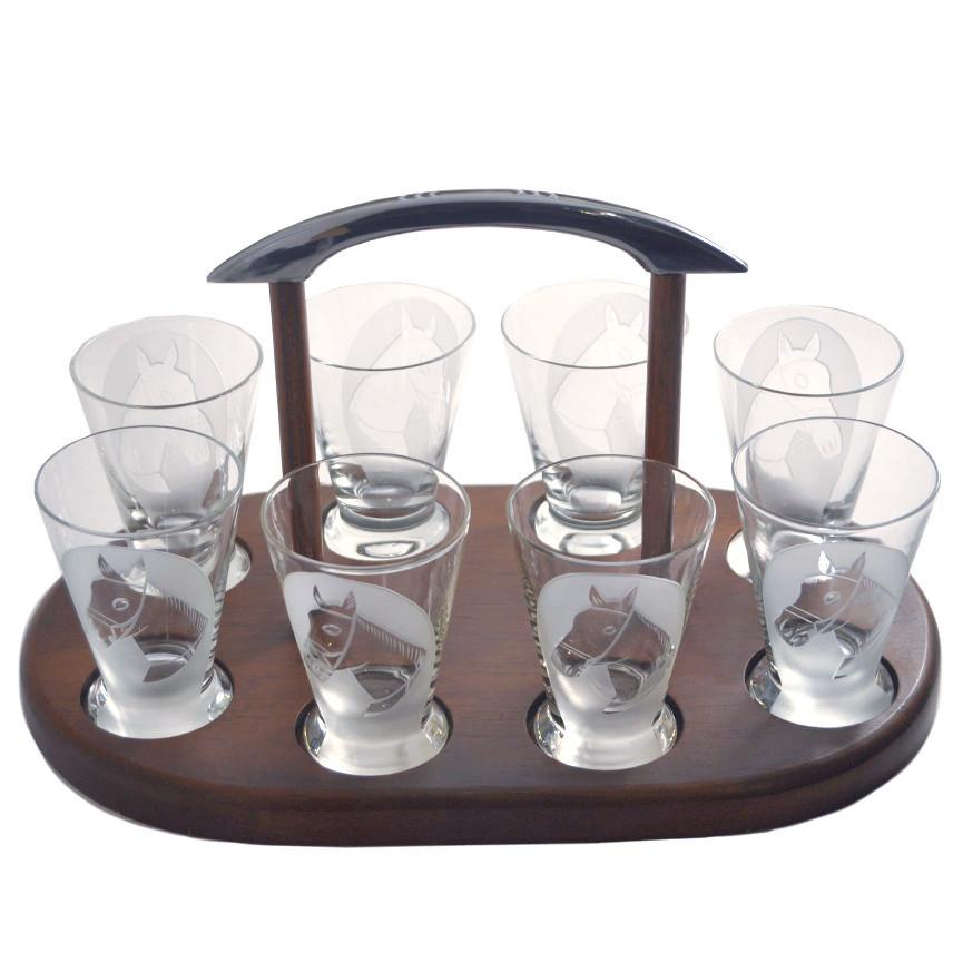 Art Deco Equestrian Cocktail Glass Caddy Set. The Hour Vintage