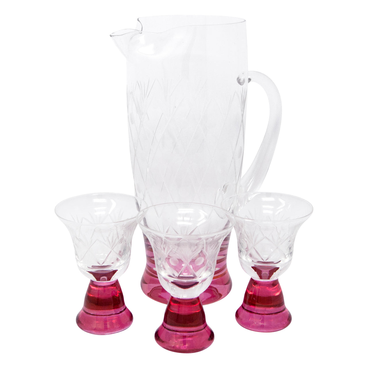Vintage Pink Base Etched Cocktail Pitcher Set | The Hour Shop