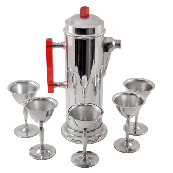 Vintage Silver with Red Lucite Martini Cocktail Shaker with 2