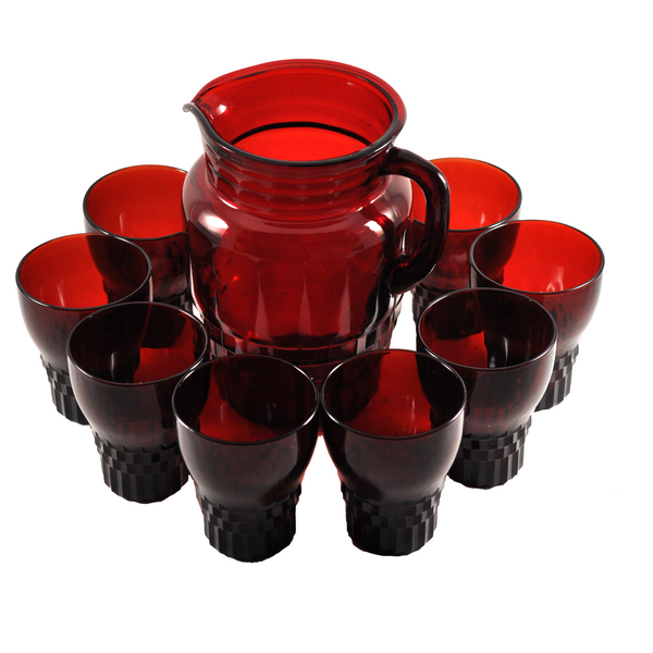 Vintage Ruby Red Glass Punch Bowl Set With 10 Handled Cups Anchor Hocking