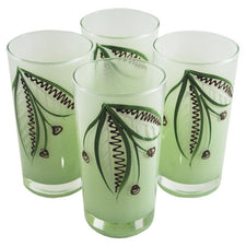 Hand Painted Light Green Frosted Collins Glasses, The Hour Shop Vintage Cocktail Glasses