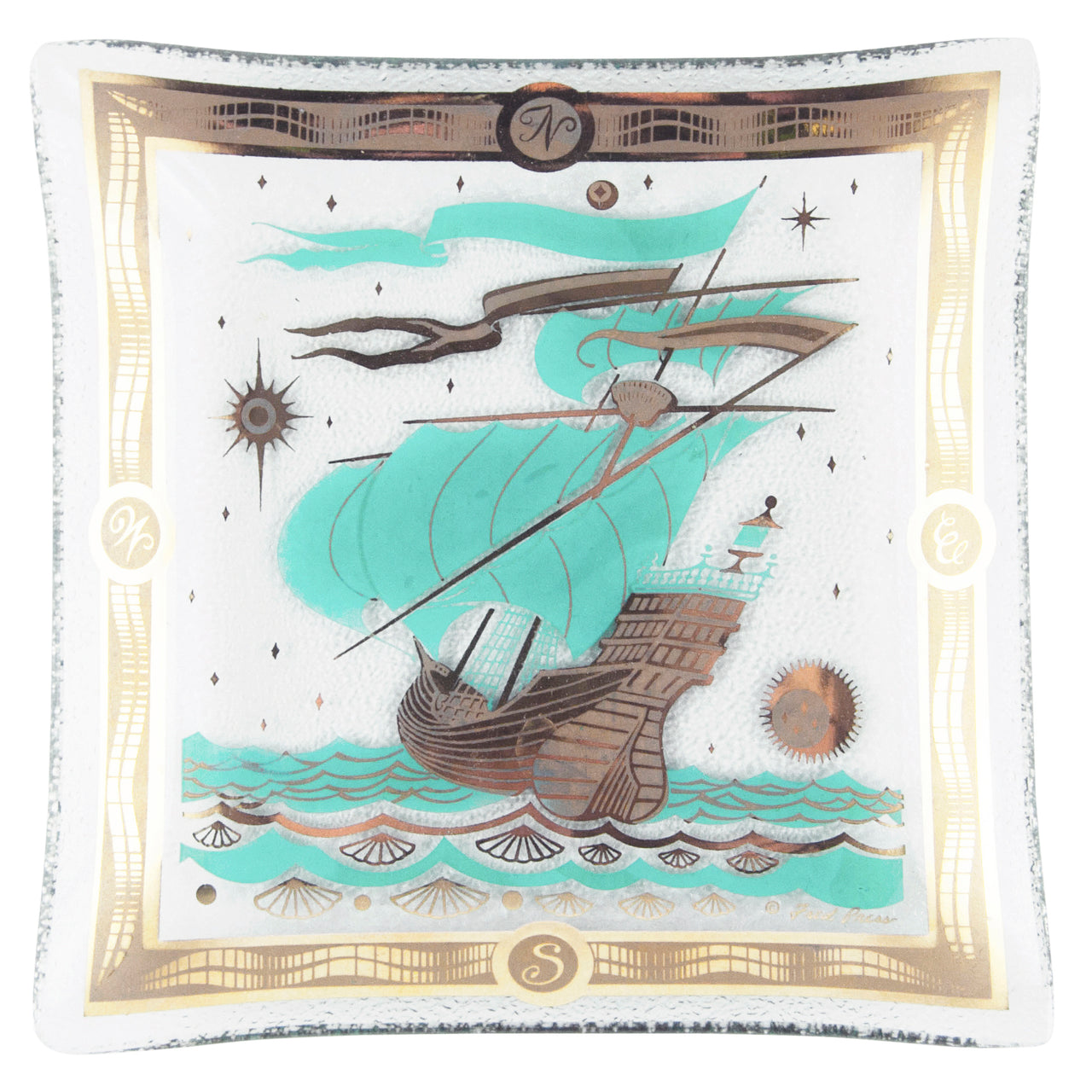 Vintage Fred Press Aqua & Gold Ship Bent Glass Square Tray | The Hour Shop