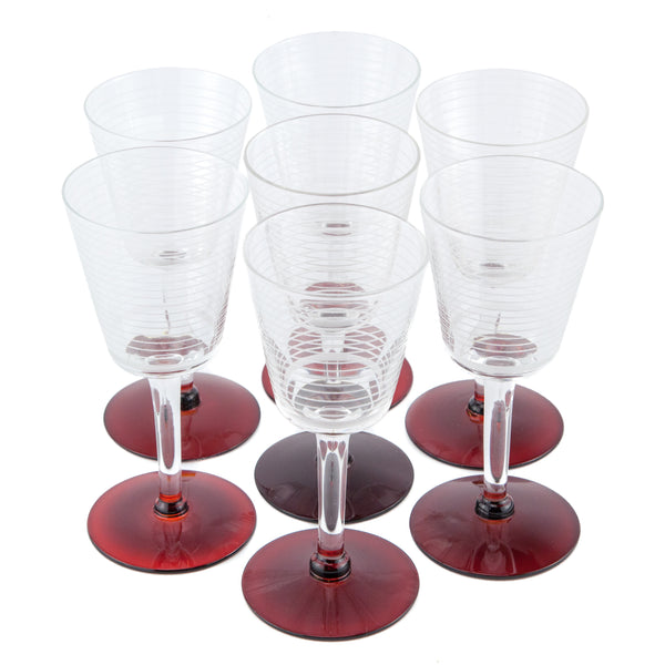 Set of Four-Red Encased Twirl Stem Patterned Wine Glasses With Red  Base-RARE!!!