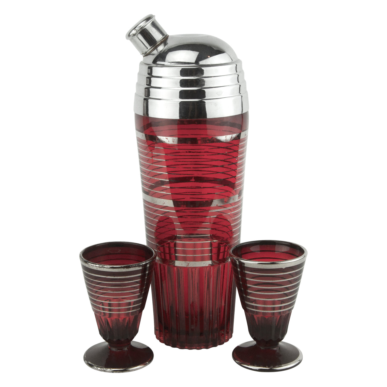 Vintage Ruby Red & Platinum Bands Cocktail Shaker Set | The Hour Shop