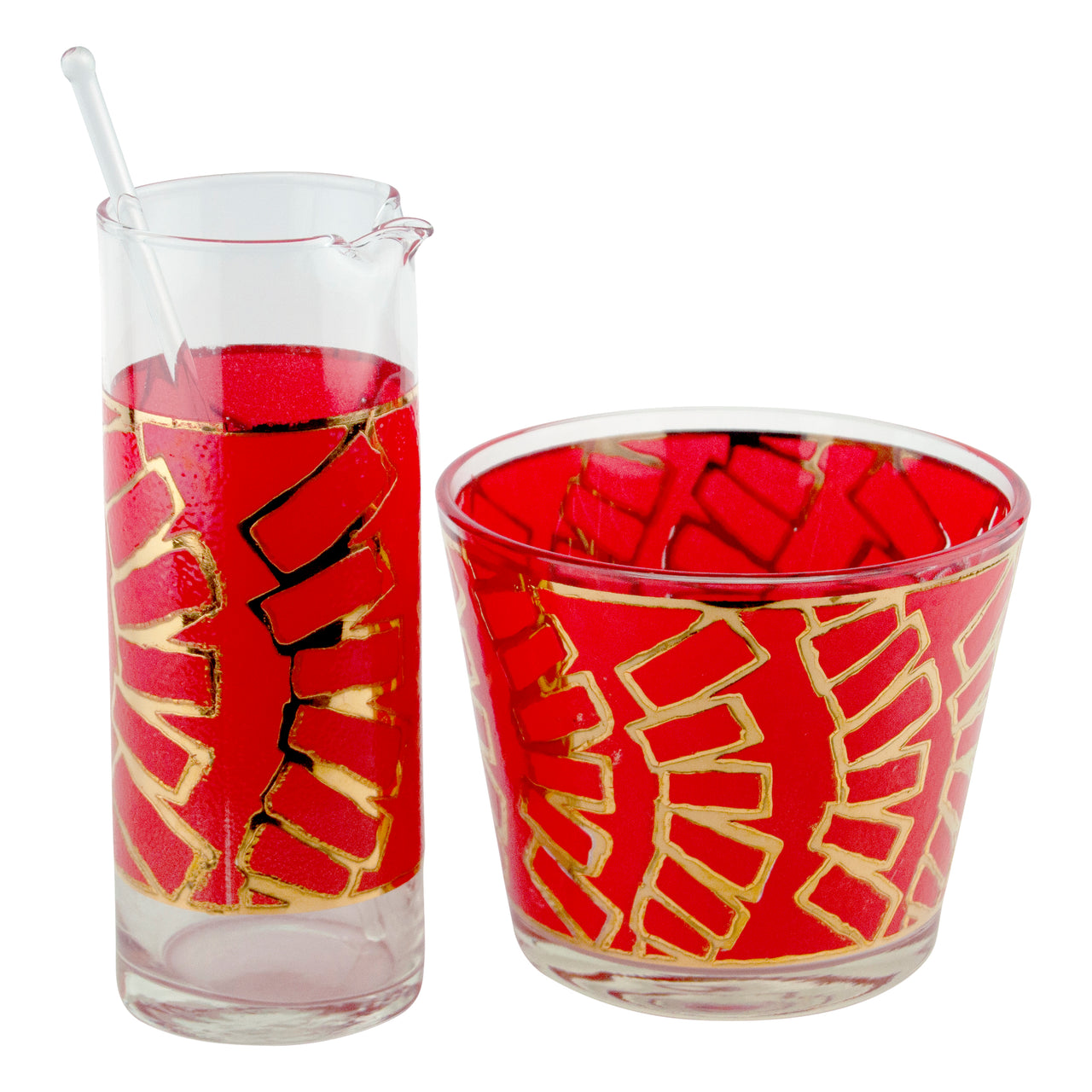 Vintage Mod Graphic Red & Gold Ice Bucket & Pitcher Bar Set