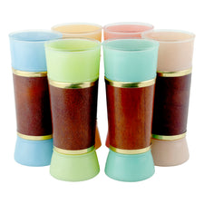 Vintage Pastel Faux Brown Leather Wrap Tiki Collins Glasses