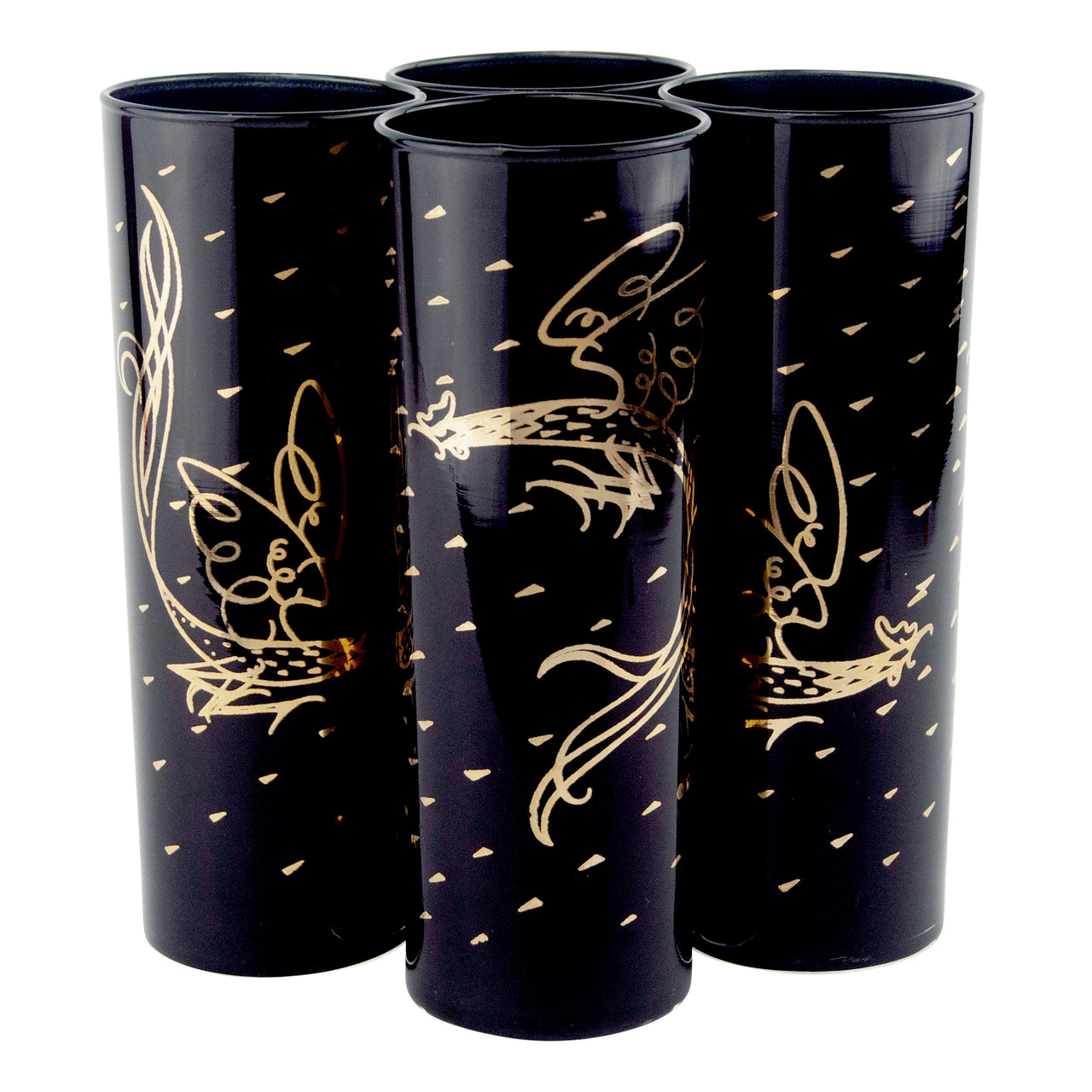 Vintage Fred Press Black & Gold Rooster Collins Glasses
