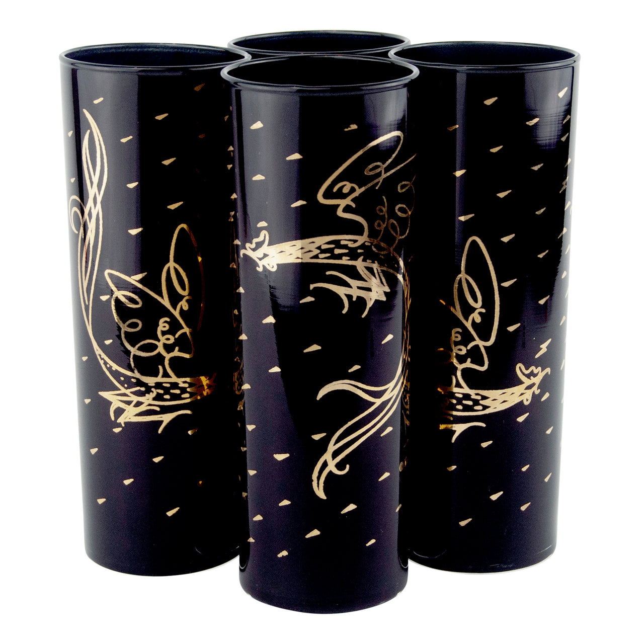 Vintage Fred Press Black & Gold Rooster Collins Glasses 