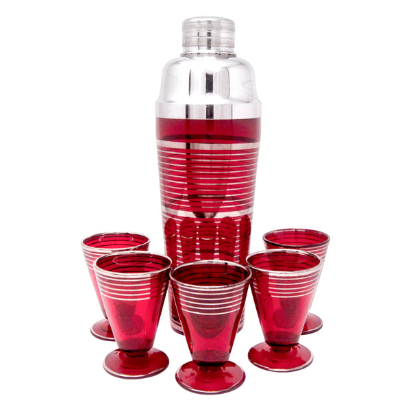 Antique Cocktail Shaker Set Martini Shaker Glasses Red Ruby Glass