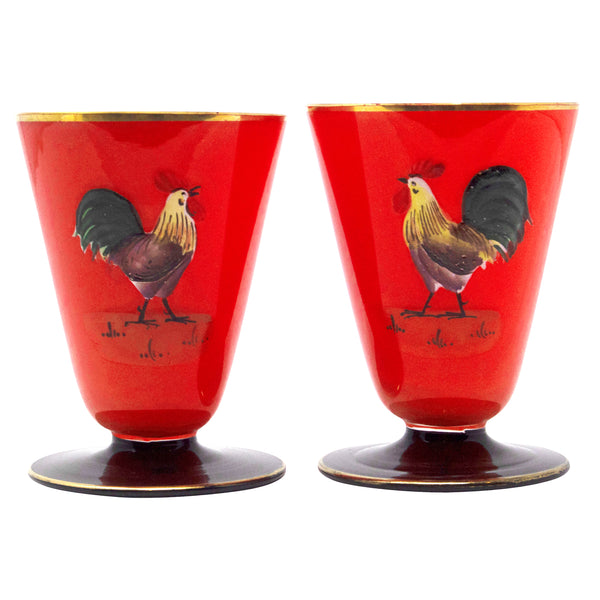 4 Vintage Hand Painted Rooster Liqueur ~ Wine Glasses, 1940's