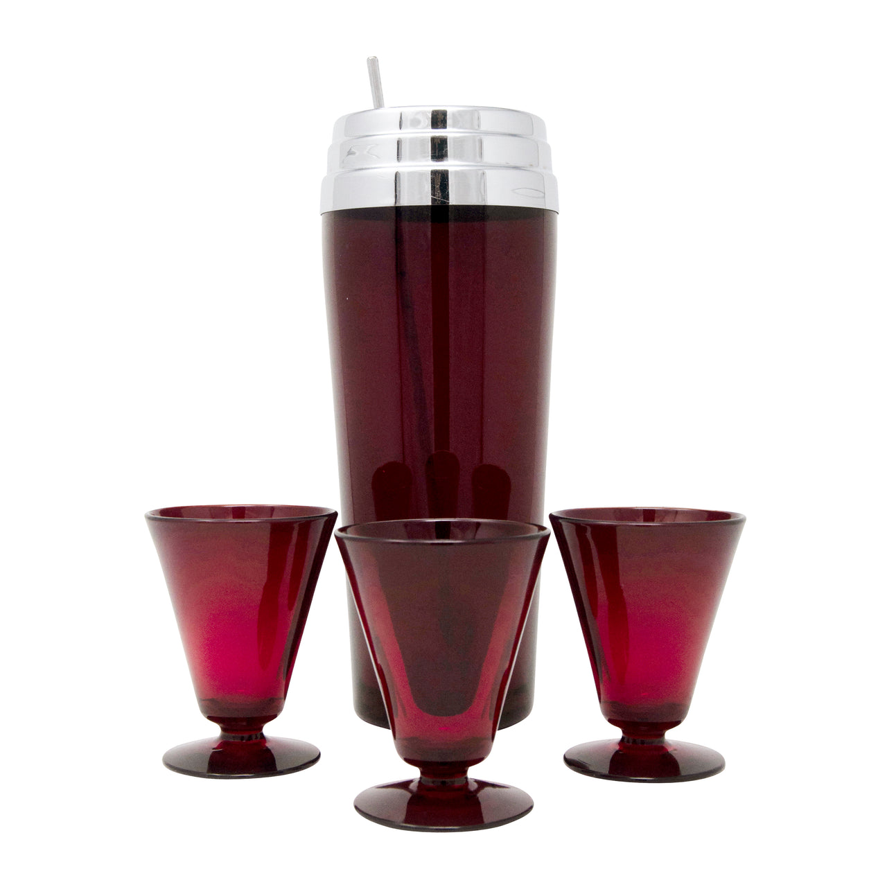 Vintage Ruby Red Cocktail Shaker & Spoon Set Front | The Hour Shop