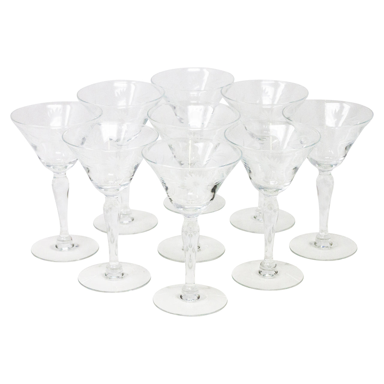 Vintage Etched Flower Flared Cups Cocktail Glasses | The Hour Shop