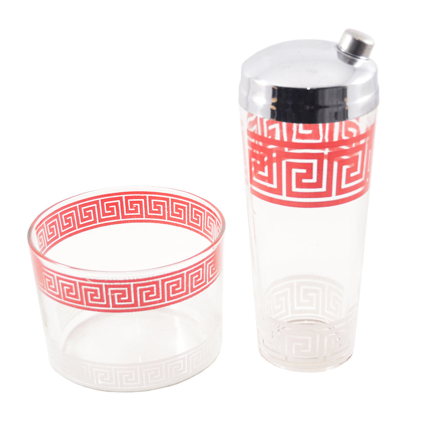 Vintage Red & White Greek Key Cocktail Shaker & Ice Bucket Set | The Hour Shop