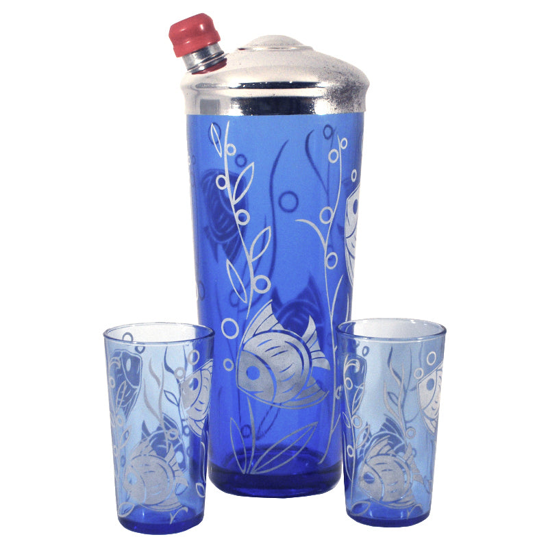 Vintage Hazel Atlas Cobalt Fishes Cocktail Shaker Set | The Hour Shop