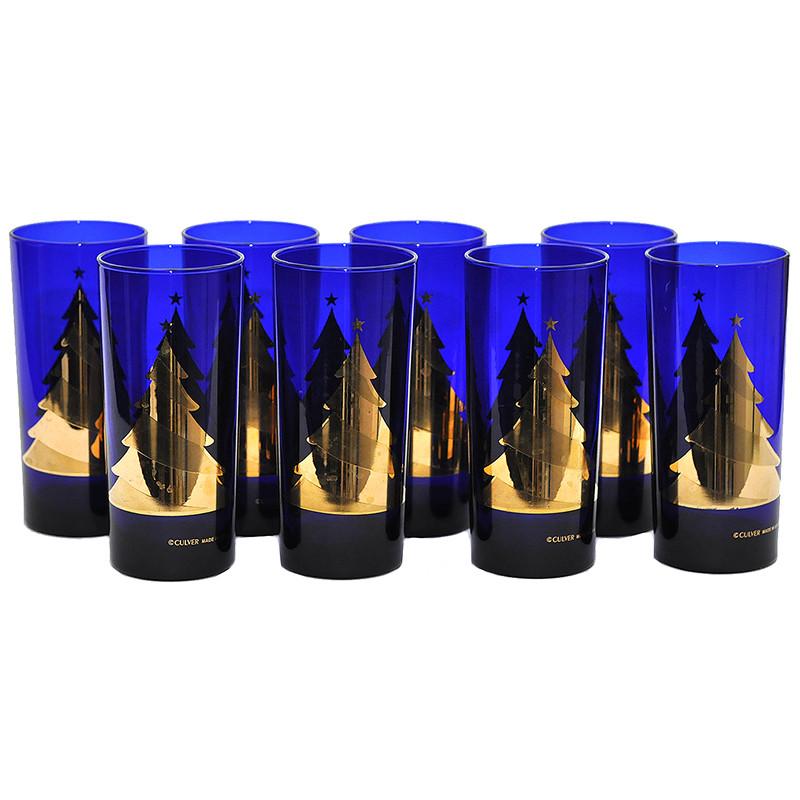 Culver Cobalt Gold Tree Christmas Glasses, The Hour
