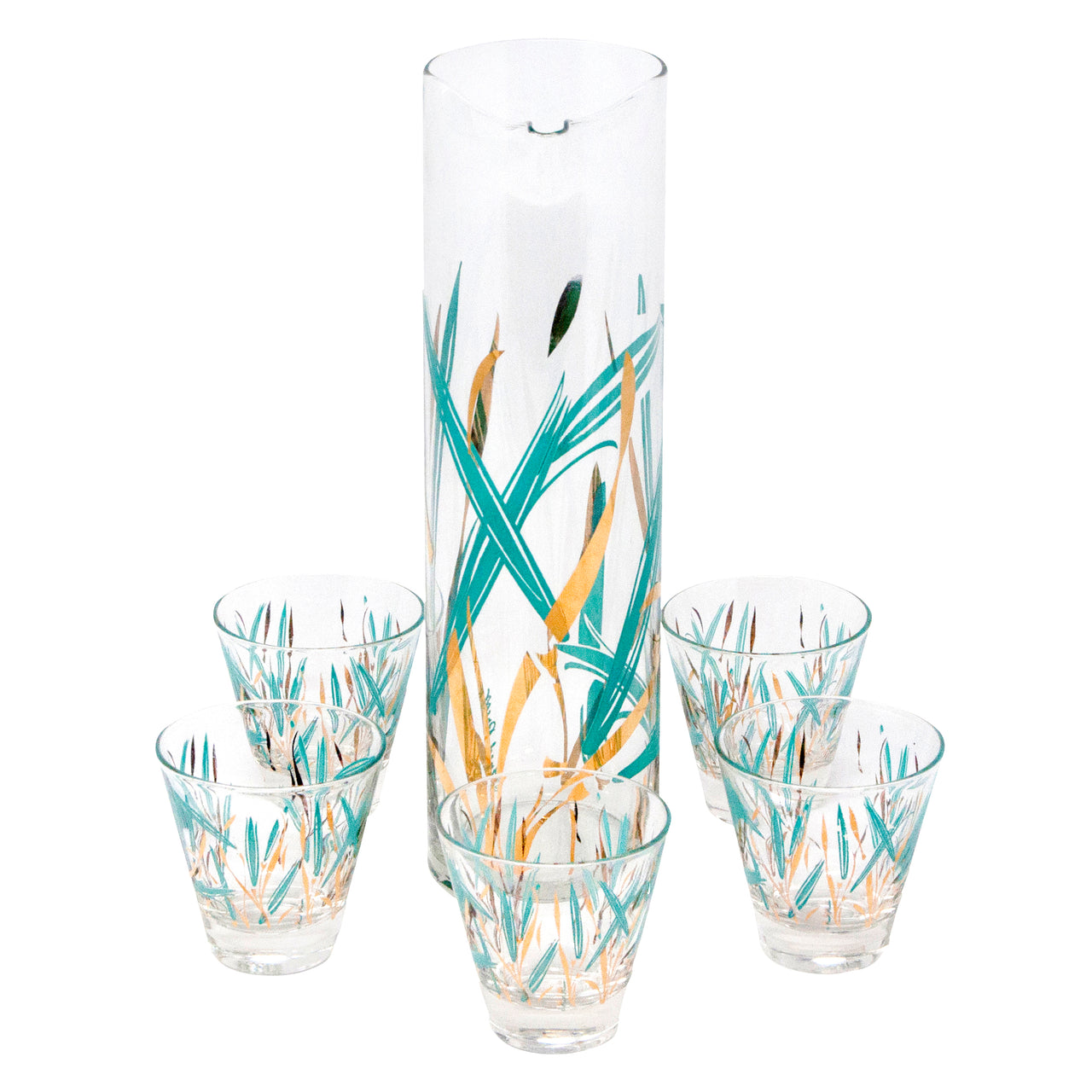 Vintage Fred Press Aqua & Gold Grasses Cocktail Pitcher Set | The Hour Shop