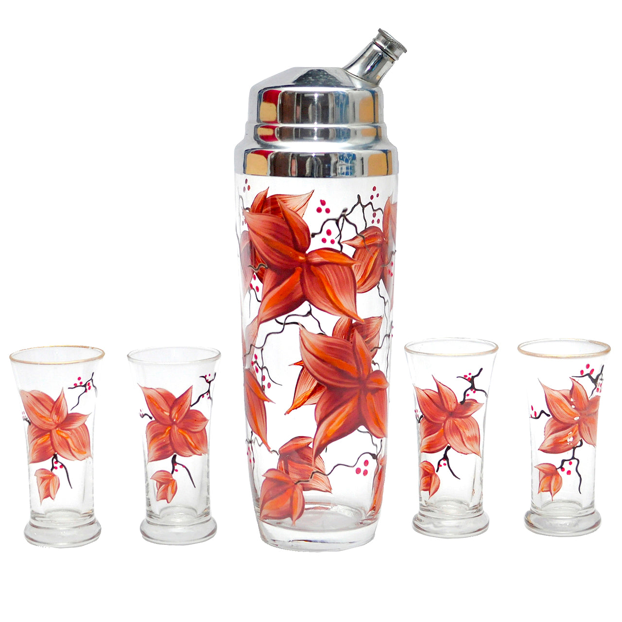 Vintage Hand Painted Autumn Flowers Cocktail Shaker Set | The Hour Shop