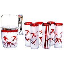 Vintage Ruby Red Bamboo Ice Bucket Bar Glass Set, The Hour Shop