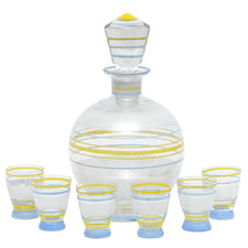 Vintage Czech Blue Yellow & Frost Stripe Decanter Set | The Hour Shop