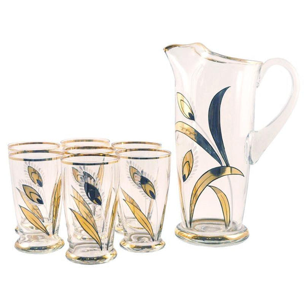 Vintage, American Pressed cheapest Glass, Cocktail Pitcher Set, Unique, Gold Glitter and Black Accent Design, Pitcher and 6 Wine Glasses