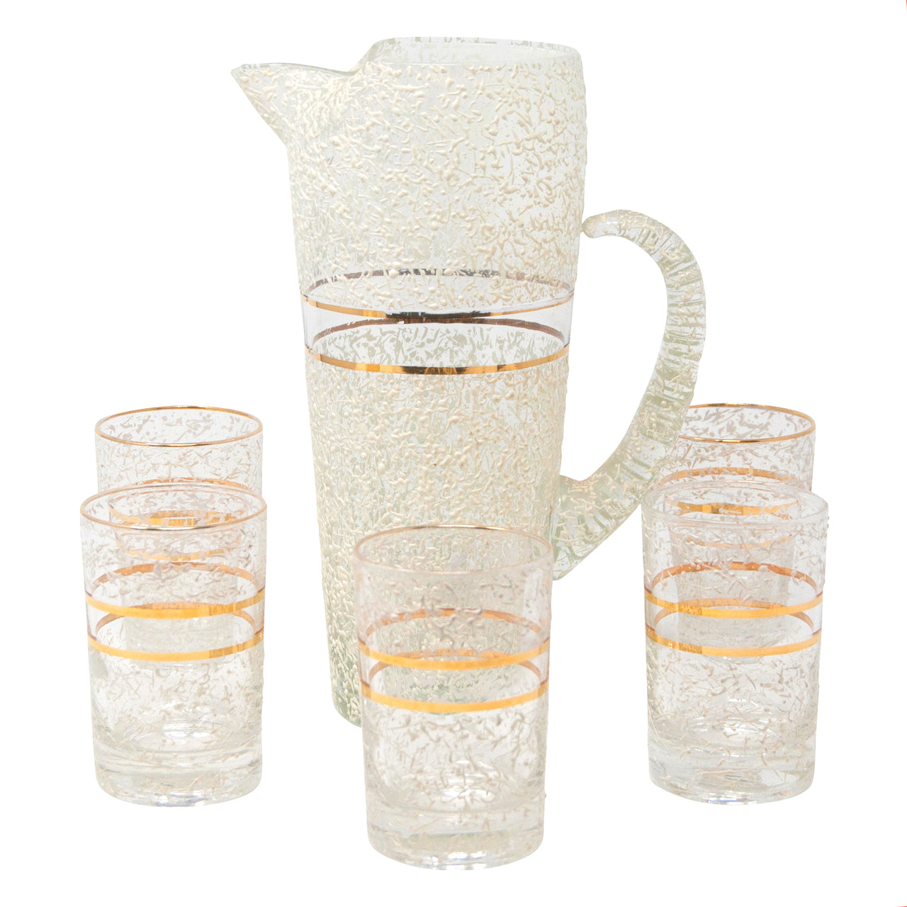 Vintage Mid Century West Virginia Glass White Splatter Cocktail Pitcher Set | The Hour