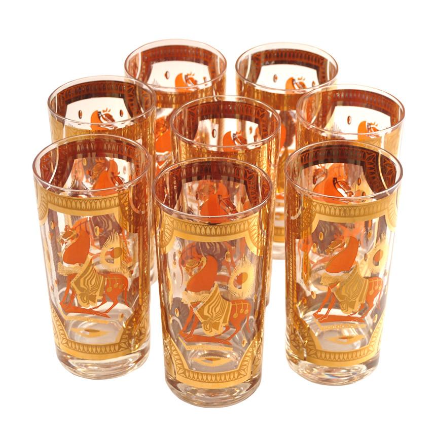 Fred Press Orange Trojan Horse Collins Glasses, The Hour Shop Vintage Cocktail Glasses