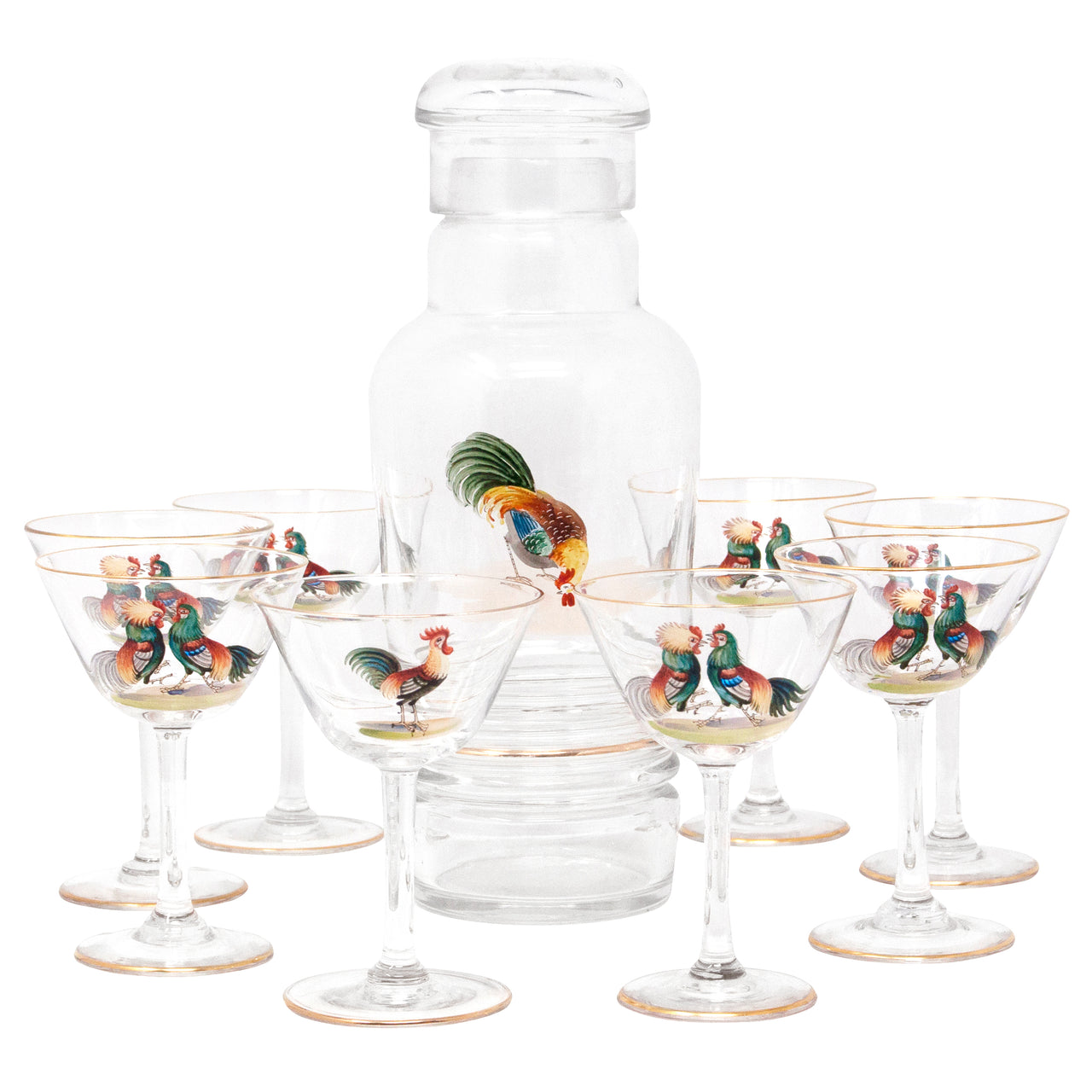 Vintage Hand Painted Rooster Decanter Set Front | The Hour Shop